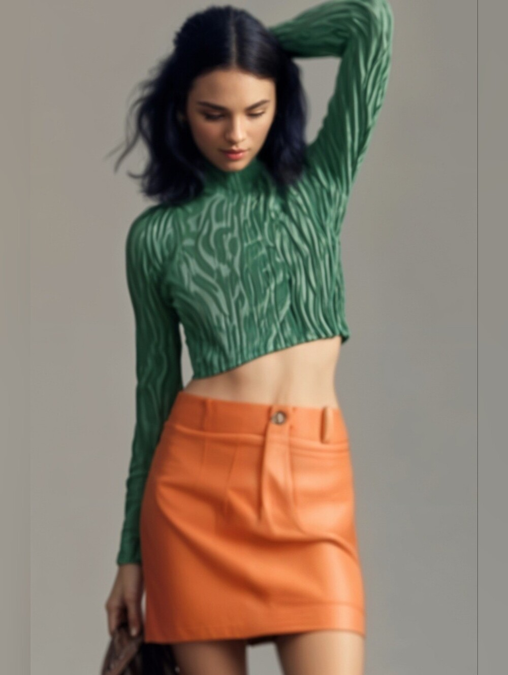 ZARA Green Abstract Print Mock Neck Cropped Top